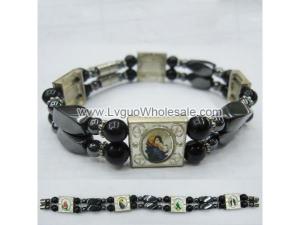 Hematite Beads and Alloy Spacer Religious Bracelet 7.8inch